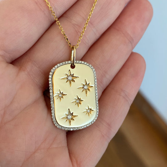 14K Yellow Gold Diamond Starburst Dog Tag Necklace with Cable Chain 31/100CTW