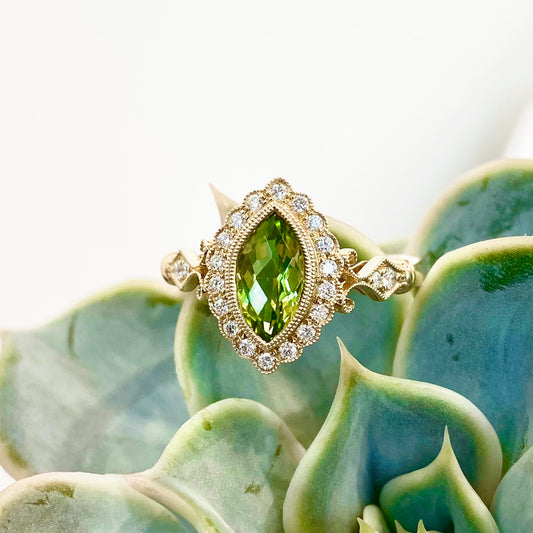 14K Marquise Cut Peridot and Diamond Halo Vintage Designed Ring