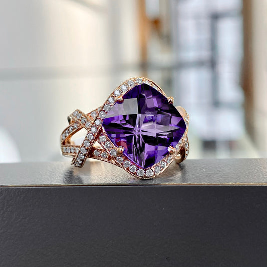 14K Rose Gold 11 mm Cushion Amethyst and Diamond Fashion Ring