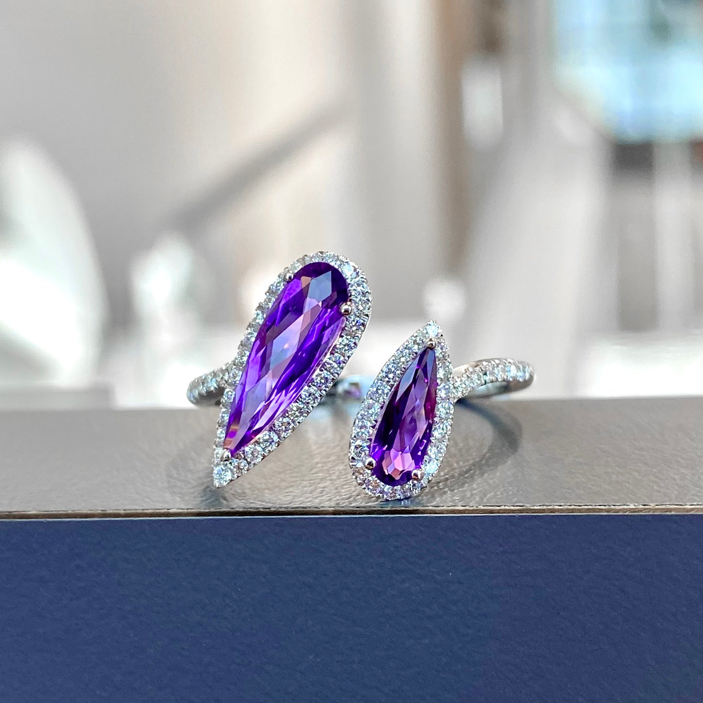 14K Gemstone and Diamond Halo Pear Shape Bypass Ring
