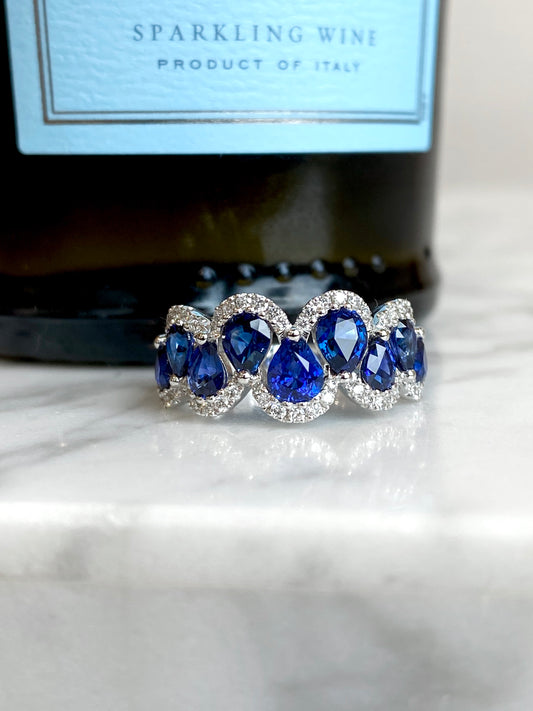 14K White Gold Pear Shape Sapphire and Diamond Curved Anniversary Ring 2.73CTW