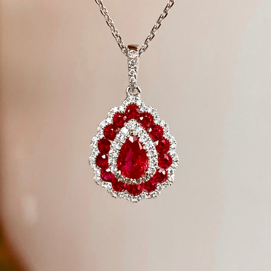 14K White Gold Pear Shape Ruby and Diamond Triple Halo Pendant