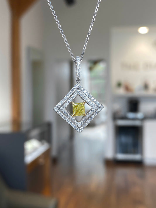 18K Yellow Diamond Halo Pendant with Fancy Intense Yellow Radiant Center 47/100CTW