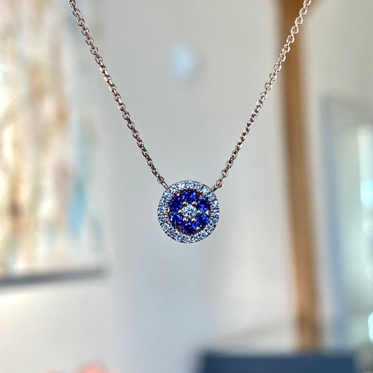 14K Rose Gold Diamond and Gemstone Halo Necklace