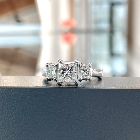 14K White Gold Three Stone Princess Cut Engagement Ring 1.02 CTR