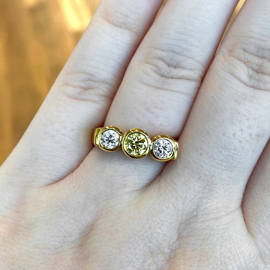 18K Yellow Gold Canary Yellow Diamond Three Stone Ring 83/100CTW