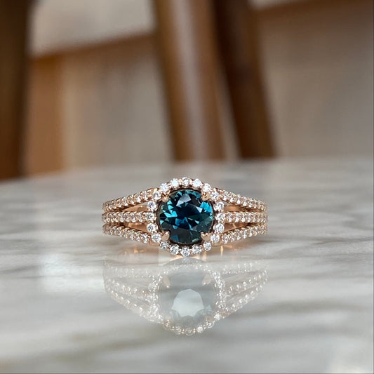 14K rose gold teal sapphire color-shifting sapphire and diamond halo triple row ring 1.56CTW