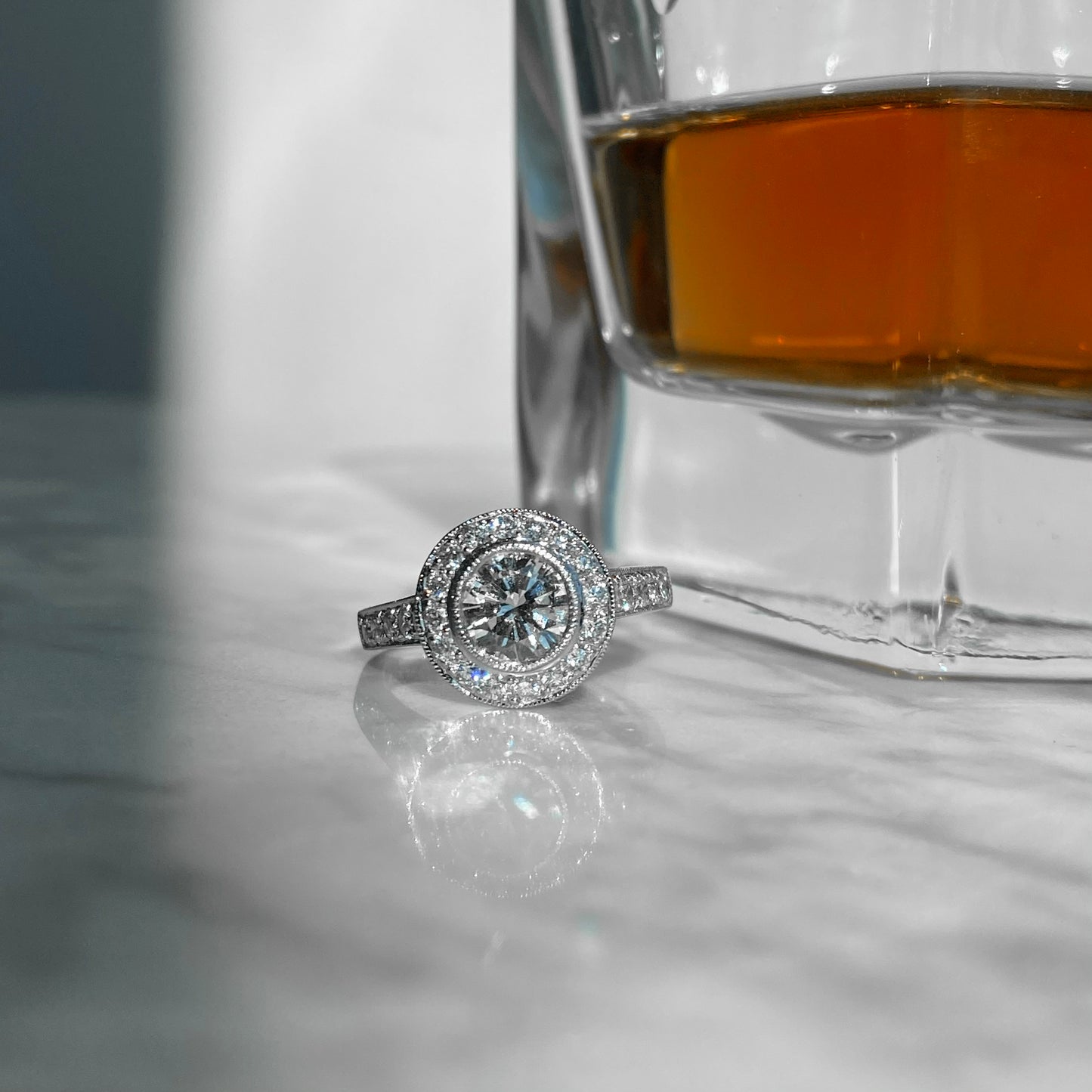 14K White Gold Bezel Set Diamond Halo Engagement Ring 1.74CTW
