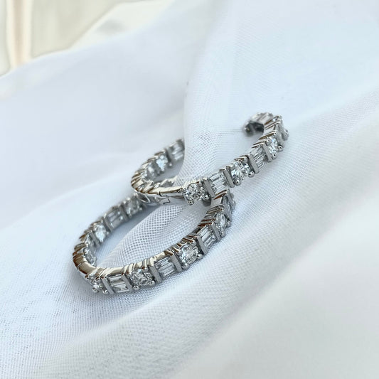 18K White Gold Inside/ Outside Baguette and Round Diamond Hoop Earrings 2.08CTW