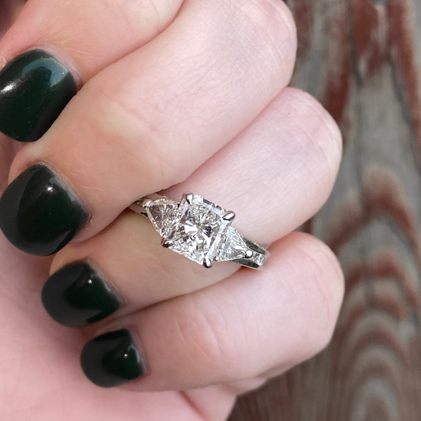 18K White Gold Radiant and Trillion Cut Three Stone Diamond Engagement Ring 2.27CTW