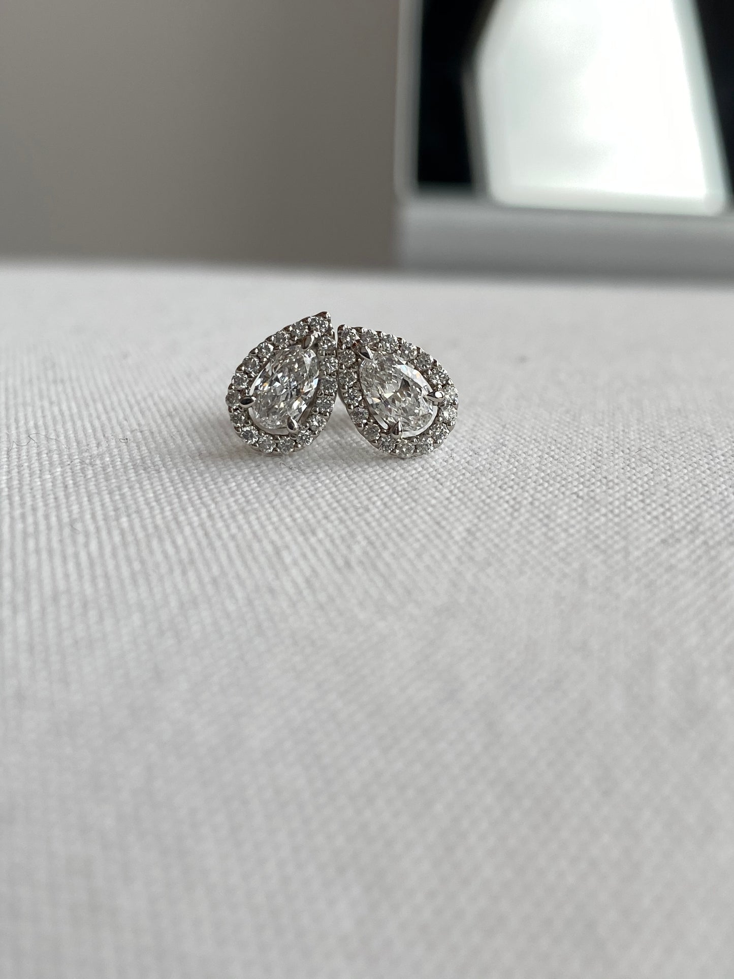 18K White Gold Pear Shape Halo Diamond Stud Earrings with Oval Diamond Centers 1.06CTW