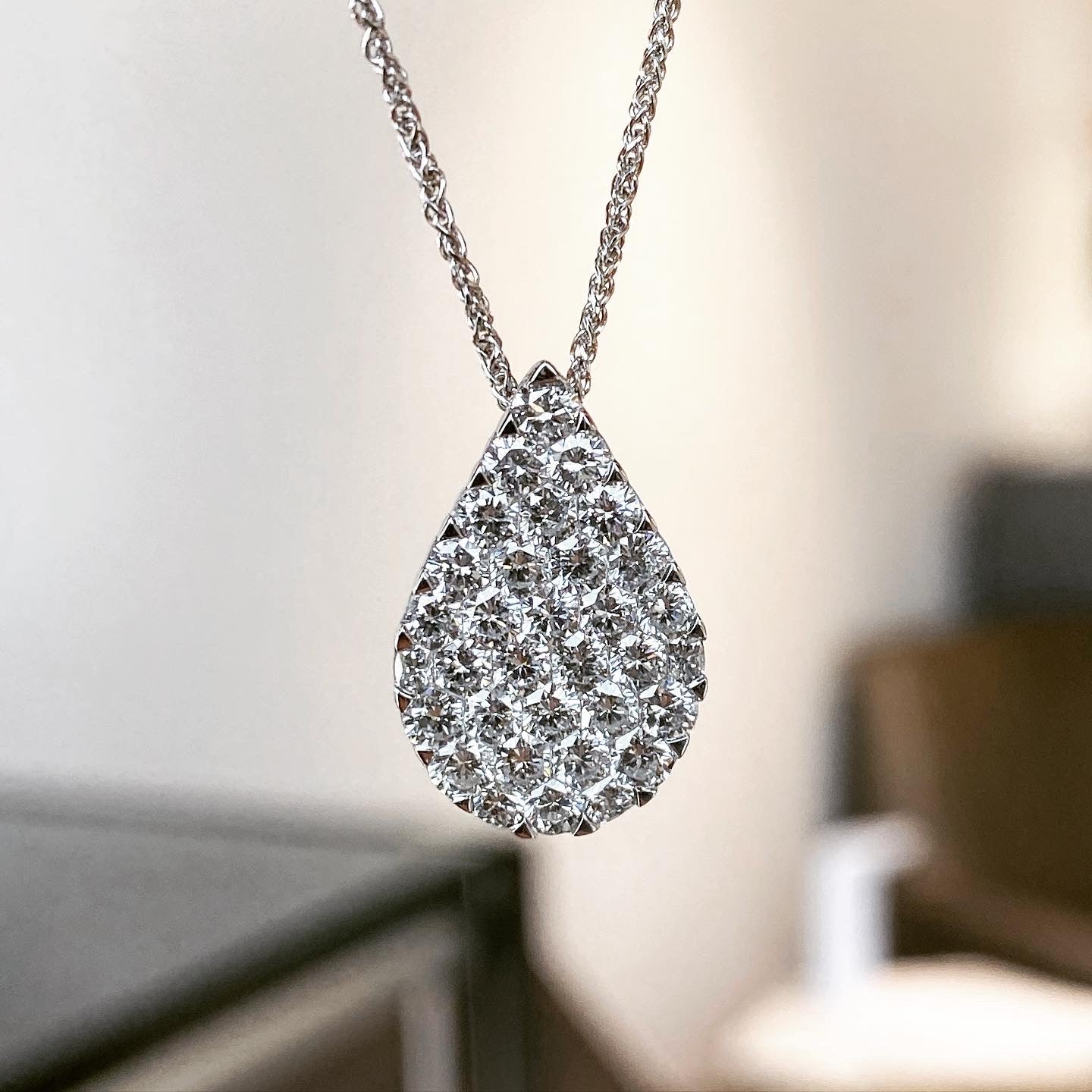 18KW Hexagon Diamond Cluster Pear Shape Pendant