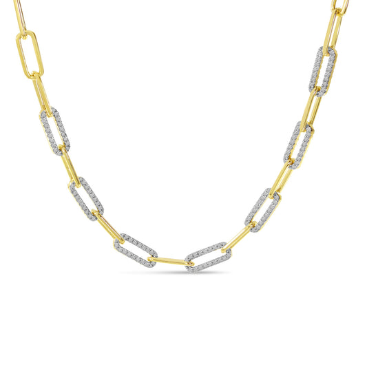 14K Yellow Gold Alternating Diamond Link Paper Clip Necklace 1.32CTW