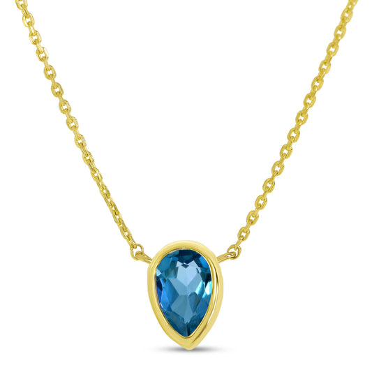 14K Downward Facing Pear Shape Blue Topaz Solitaire Necklace