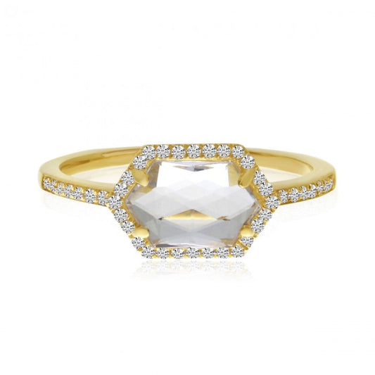 14K East and West Hexagon White Topaz Ring