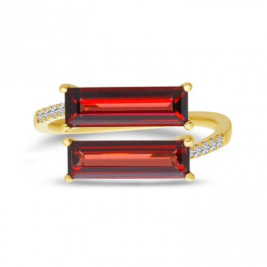 14K Yellow Gold Baguette Garnet Double and Diamond East West Ring