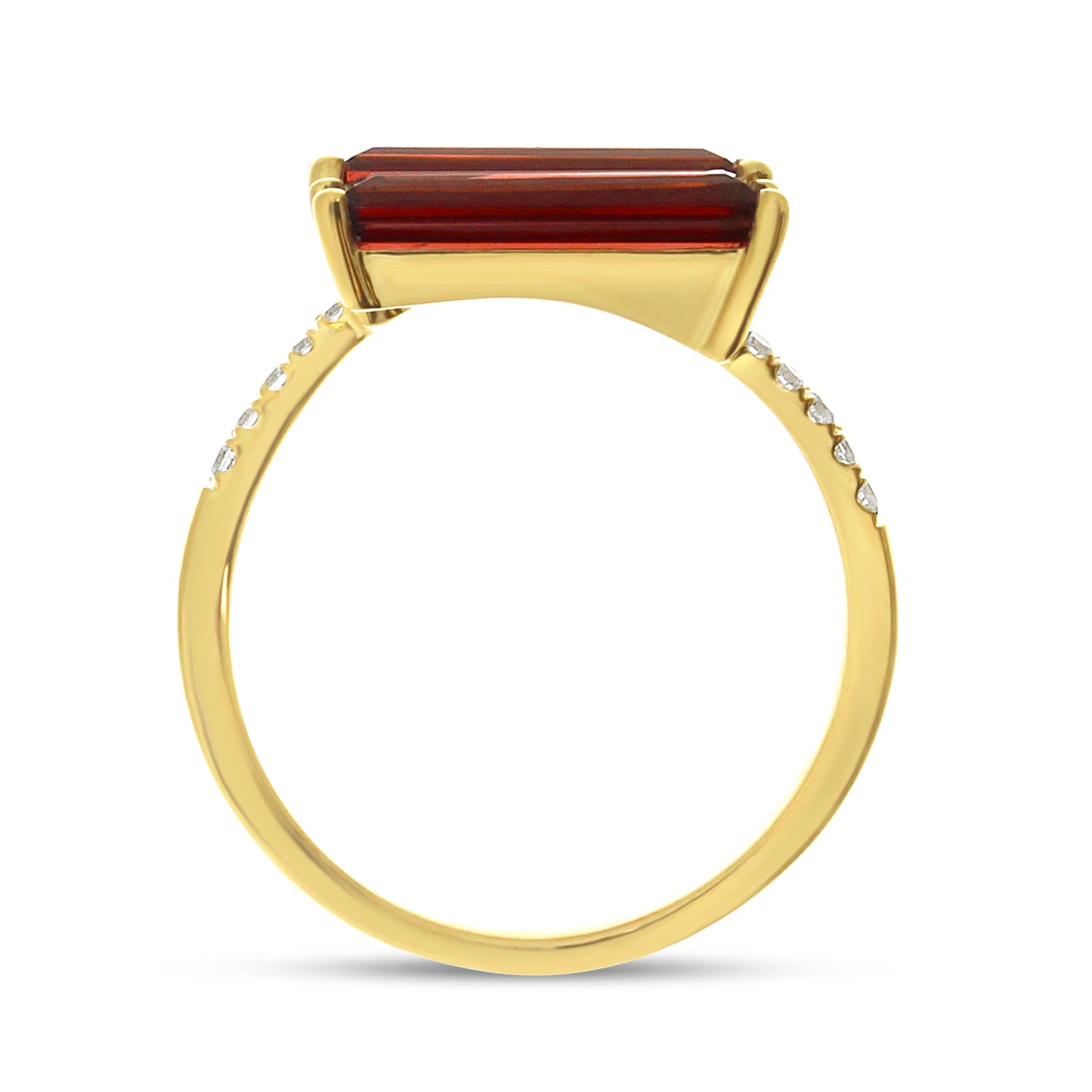 14K Yellow Gold Baguette Garnet Double and Diamond East West Ring