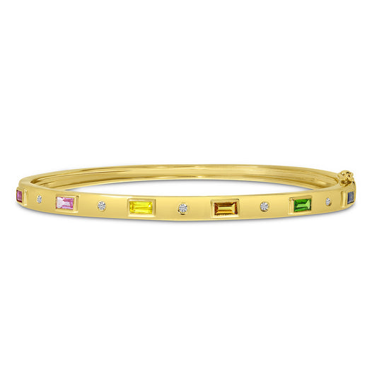 14K Yellow Gold Baguette Rainbow Sapphire and diamond Bangle Bracelet