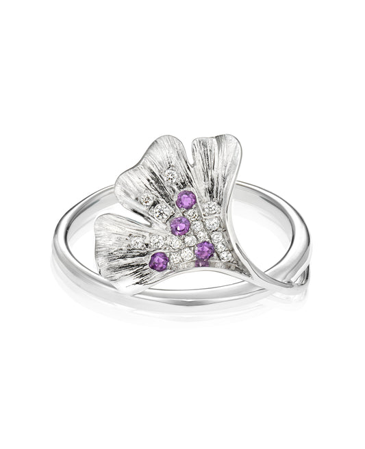 18K White Gold Diamond and Amethyst Gingko Leaf Ring 11/100CTW