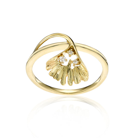 18K Yellow Gold Diamond Gingko Leaf Ring 03/100CTW