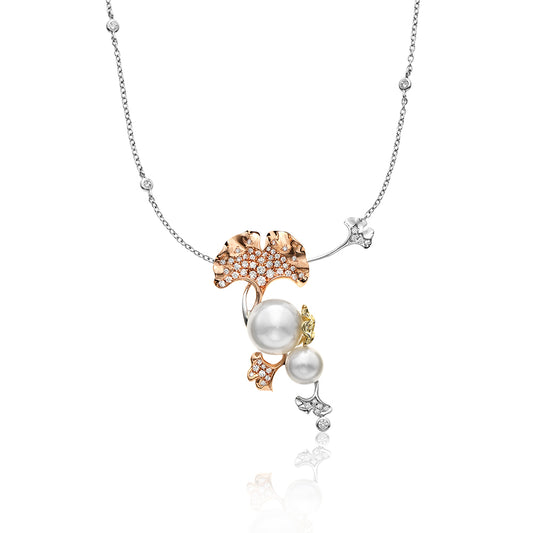 18K Tri-Color Diamond and Pearl Gingko Leaf Necklace 46/100CTW