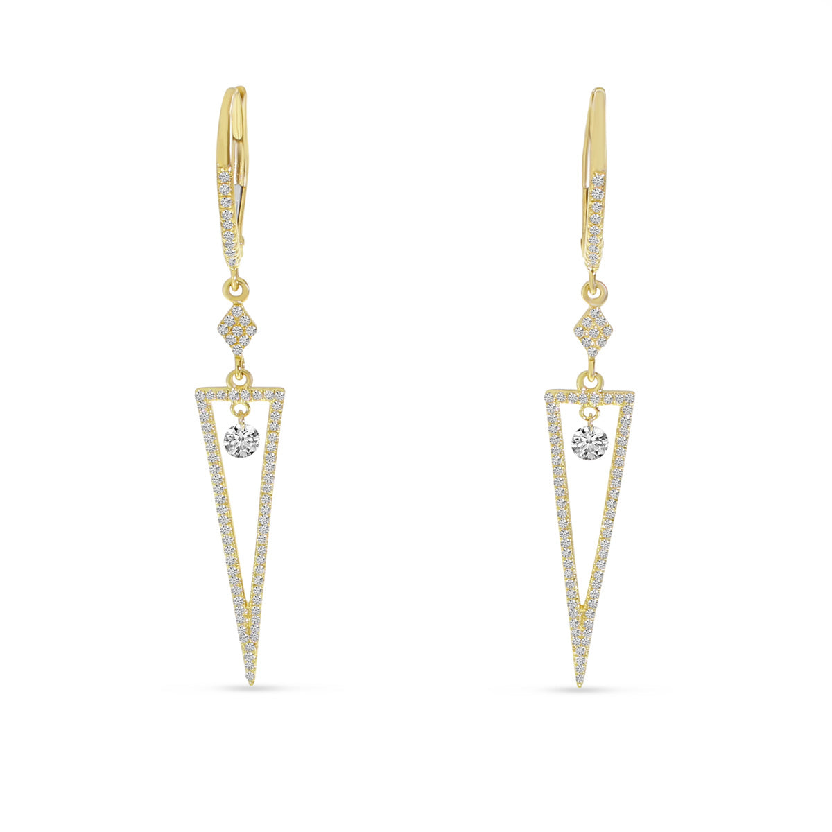 14K Yellow Gold Floating Diamond Triangle Drop Earrings 55/100CTW
